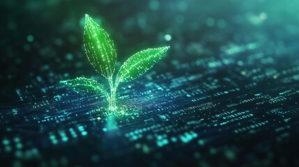 Poster - Digital plant growth, green leaves emerging from binary code background