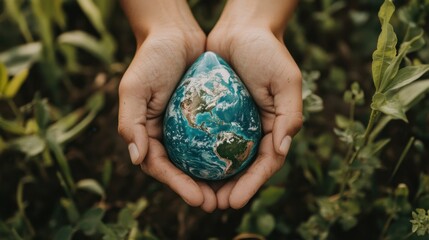 a water drop-shaped earth held by two hands, representing sustainability and environmental protectio