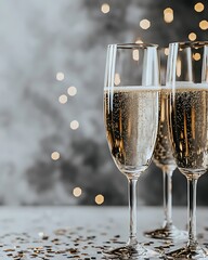 Three elegant champagne flutes filled with bubbly drink, set against a sparkling backdrop, perfect for celebrations or toasting special moments.