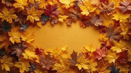 Wall Mural - Autumn frame background with free place for text, maple leaves decorate a beautiful nature thanksgiving, scenery yellow red seasonal colorful mock up, orange background