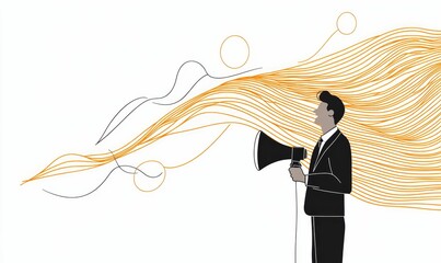 man in suit using megaphone, orange lines flow from it.