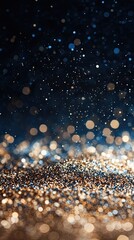 Poster - A mesmerizing arrangement of golden and silver glitter sparkles dances in a black gradient background illuminated by warm golden light effects and flying white sparkles