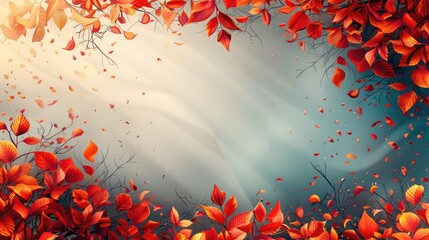 Wall Mural - autumn frame background with free place for text, red leaves decorate a beautiful nature thanksgiving, scenery yellow red seasonal colorful mock up, blue background