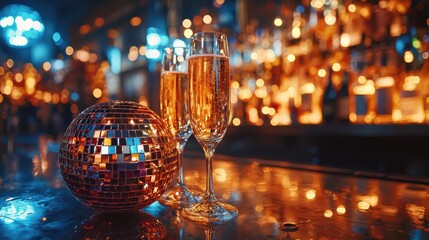 Two champagne glasses on a reflective bar surface with a sparkling disco ball, creating a festive nightlife atmosphere.