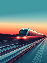 Poster - The sleek train glides effortlessly along the tracks as the sun sets, casting warm hues across the evening sky, enhancing its smooth motion. Generative AI