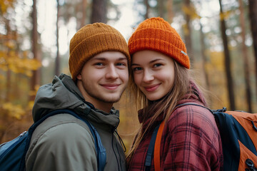 Couple traveling together in autumn forest generative AI