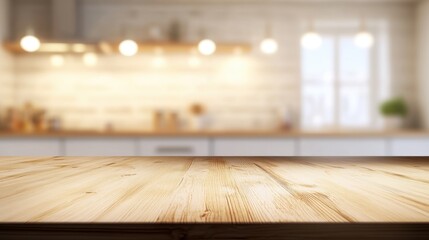 Wall Mural - Empty wooden countertop in a bright, modern kitchen with blurred bokeh lighting and white cabinets in the background. Clean, minimal space perfect for product display.