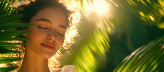 Sticker - Serene woman surrounded by lush greenery, sunlight filtering through leaves