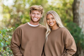 A smiling couple, both dressed in matching brown sweatshirts, standing outdoors in a bright and natural setting, evoking a cheerful and harmonious vibe with greenery in the background