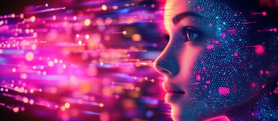Poster - Digital face profile with vibrant data streams, showcasing technology and innovation