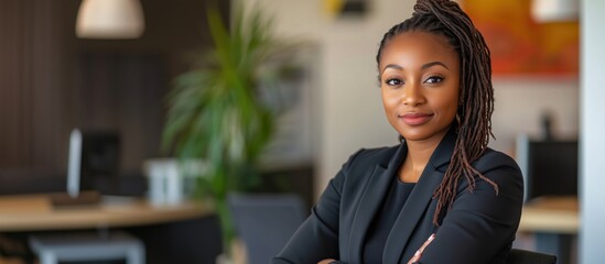 Confident businesswoman in modern office, professional attire, natural beauty