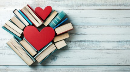 A heart shape made of books with two red hearts, set on a rustic wooden background, symbolizing love for reading and literature.