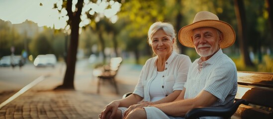 Elderly couple enjoying park, smiling, warm sunlight, peaceful atmosphere