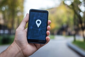 Poster - A person uses a mobile phone to view a location pin on a clear screen, signifying navigation in a vibrant urban area. Generative AI