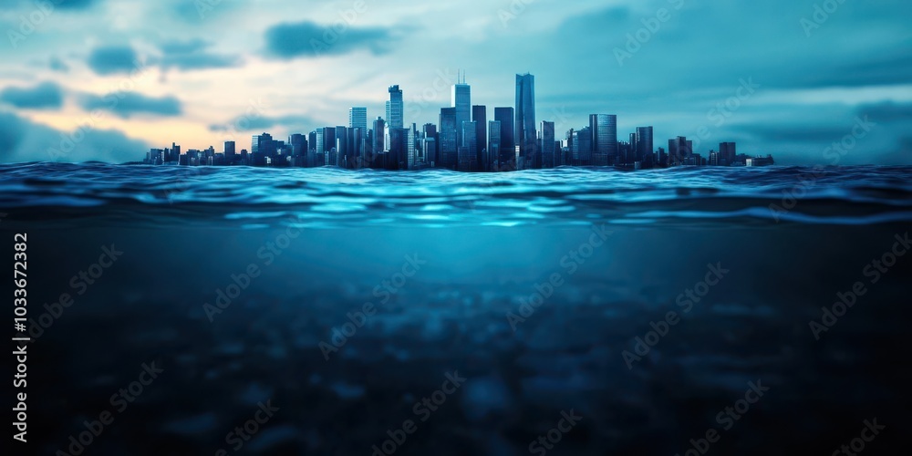 3D illustration of a futuristic city that will be submerged as sea ...