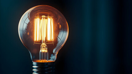 Close-up of a vintage light bulb glowing warmly with intricate filament details against a dark backdrop -