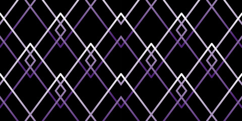Magical gradient purple black geometry seamless border. Dark halloween psychedelic ornament. Holiday mosaic of violet white rhombuses on black background. Optical illusion gothic background design.