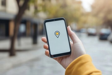 Leinwandbilder - A person is using a smartphone with a location marker visible on the screen while walking in a city setting with autumn colors. Generative AI