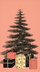 Sticker - Gold silver pink christmas presents drawing plant tree.