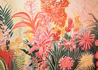 Canvas Print - Gold silver pink tropical plants painting pattern drawing.