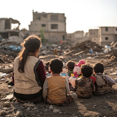 Female volunteer providing comfort to children in a war-torn environment surrounded by rubble.