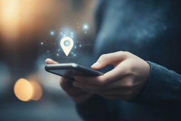 Leinwandbilder - A male hand holds a smartphone that shows a location pin on the screen, indicating a search for directions or navigation assistance. Generative AI