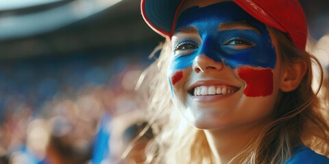 Poster - Celebratory Spirit: American Flag Face Paint, Stadium Background