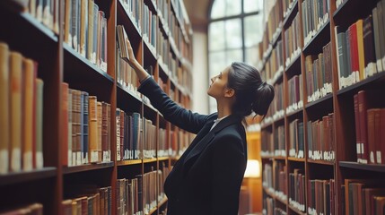 A young woman is browsing the bookshelves in a library.