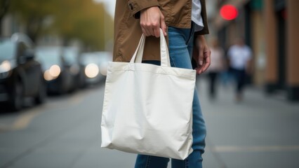 Person holding a white tote bag while walking down a city street lined with vehicles on a sunny afternoon. Mock-up