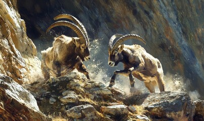 Two mountain goats on rocky cliff.