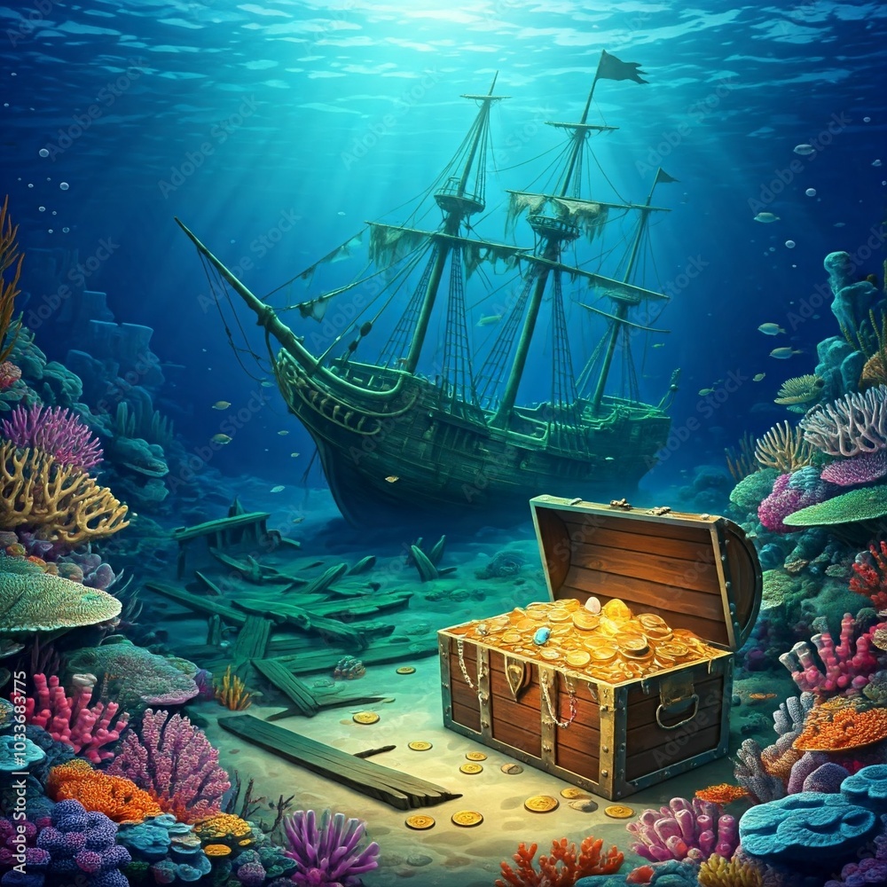 pirate ship in the sea { "prompt": "An underwater scene of a sunken ...