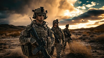 Squad of Three Fully Equipped and Armed Soldiers Standing on Hill in Desert Environment in Sunset Light