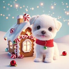 Maltese Puppy with Gingerbread House and Jingle Bells. A playful 3D cartoon Maltese puppy wearing a small red scarf, sitting beside a gingerbread house decorated with jingle bells