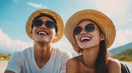 A couple in straw hats and sunglasses is looking up and laughing.