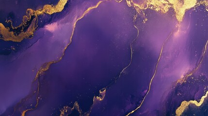 Poster - Purple marble background with flowing gold accents, creating a high-end and sophisticated texture. Ideal for fashion, luxury, or artistic presentations.
