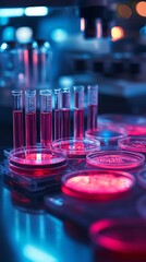 Poster - Petri dishes and digital measuring devices arranged on a research bench for new medical experiments Stock Photo with side copy space