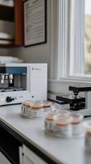Poster - Petri dishes and digital measuring devices arranged on a research bench for new medical experiments Stock Photo with side copy space