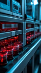 Poster - Petri dishes and digital measuring devices arranged on a research bench for new medical experiments Stock Photo with side copy space