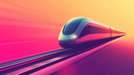 Poster - A sleek train icon travels effortlessly along smooth tracks, illuminated by bright colors in a dynamic sunset atmosphere. Generative AI