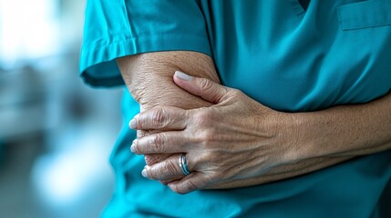 Poster - Person in scrubs gently cradling their arm in pain while seated in a clinical environment Stock Photo with side copy space