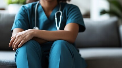 Poster - Person in scrubs gently cradling their arm in pain while seated in a clinical environment Stock Photo with side copy space
