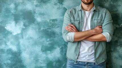 Poster - Individual in a casual shirt gripping their sore hand in discomfort while standing against a light backdrop Stock Photo with side copy space