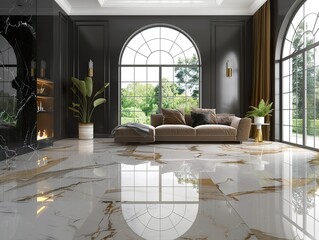 Poster - Modern Living Room Interior Design with Marble Floor and Large Windows