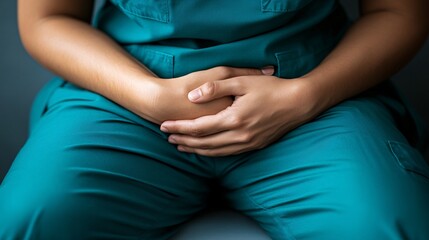 Poster - Individual in scrubs with a hand on their stomach wincing in pain seated on a sterile hospital backdrop Stock Photo with side copy space