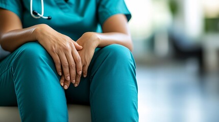 Poster - Person in scrubs cradling their arm in pain while seated in a sterile hospital environment Stock Photo with side copy space
