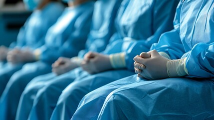 Poster - Person in scrubs cradling their arm in pain while seated in a sterile hospital environment Stock Photo with side copy space
