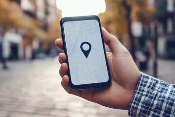 Poster - A man checks his mobile phone with a visible location pin displayed as he navigates a bustling urban area during daylight. Generative AI