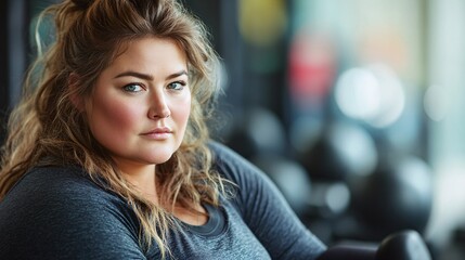 Poster - Plus-size woman in workout clothes lifting weights at a gym while focusing on her strength training goals Stock Photo with side copy space