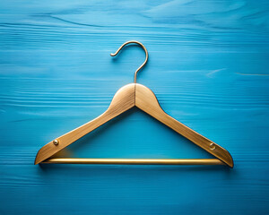 Empty gold hanger rack with label tag on bright blue color table background, male female retail clothes fashion store shopping sale promotion cheap black friday offer concept, top view copy space