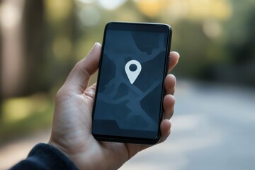 Poster - A male hand holds a mobile phone that shows a location pin, indicating a spot on the map while walking outdoors in daylight. Generative AI